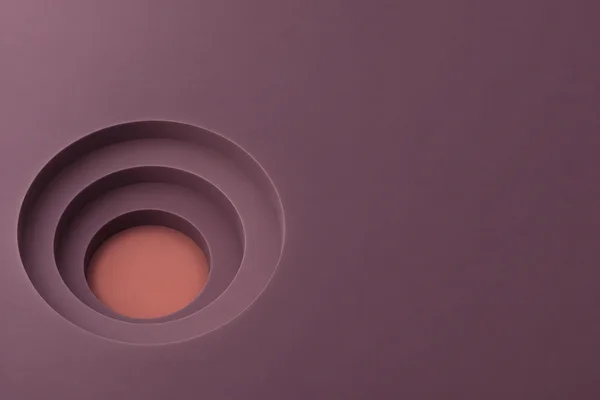A smooth mauve abstract field with a recessed coral center surrounded by three broad, shadowed terraces in the lower-left, leaving open space across the right…