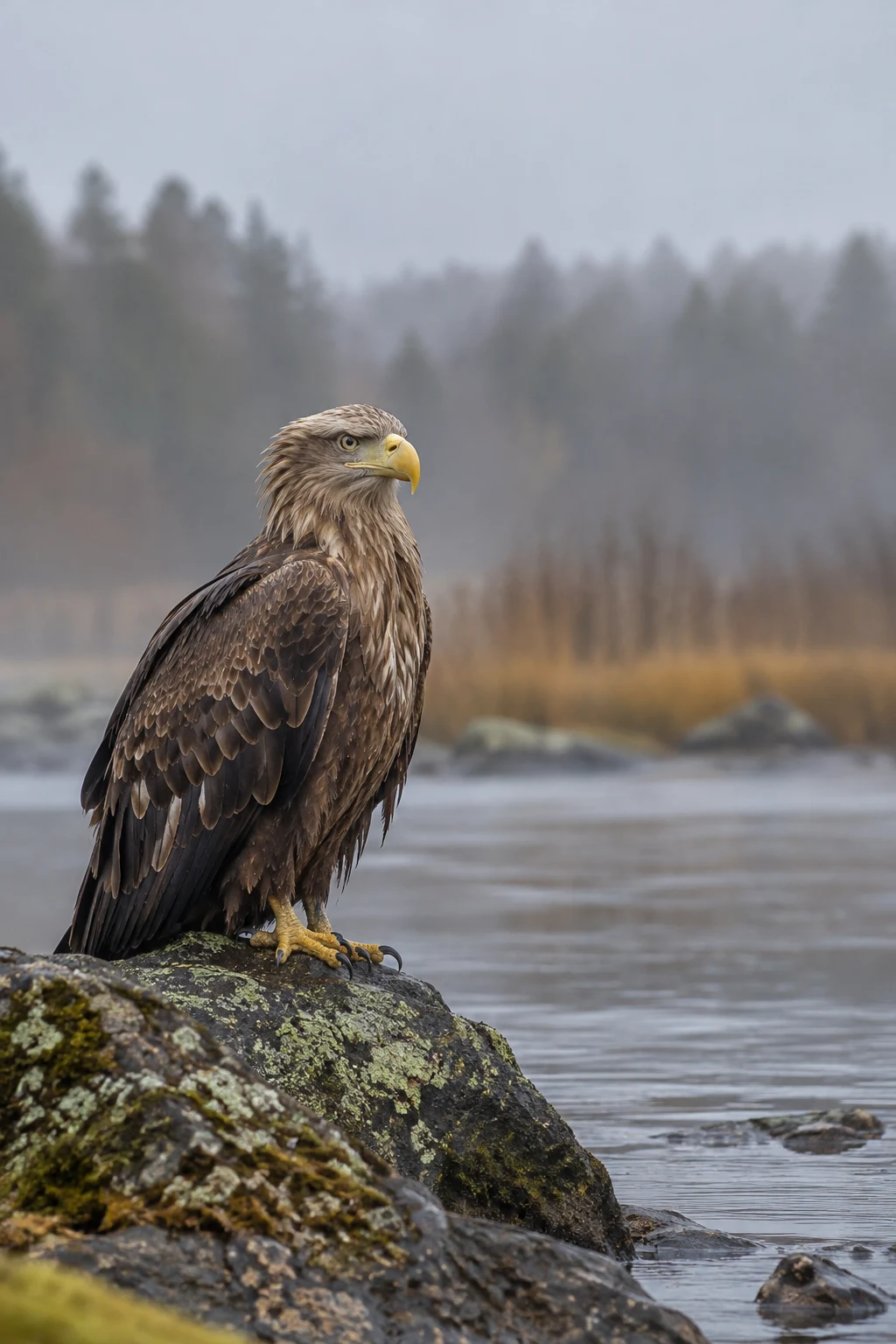 A brown eagle with a pale yellow bill and yellow, dark-clawed feet perches on a lichen-covered boulder beside a slow river, with misty trees and reeds blurred…