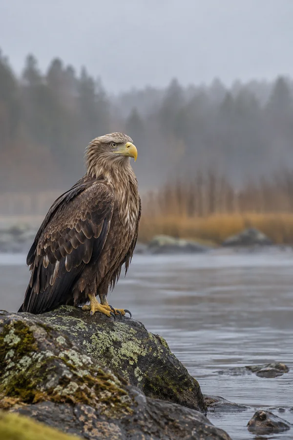 A brown eagle with a pale yellow bill and yellow, dark-clawed feet perches on a lichen-covered boulder beside a slow river, with misty trees and reeds blurred…