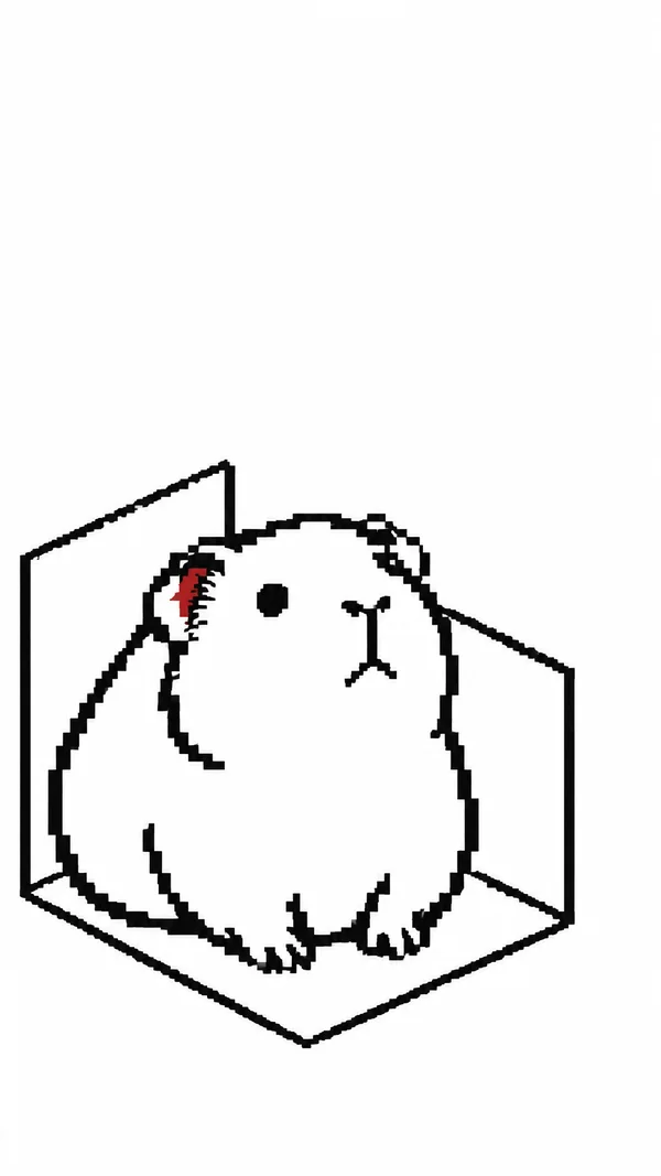 A large white guinea pig with black pixelated outlines sits inside a simple isometric room cutaway, with a red accent in one ear and ample white space above.