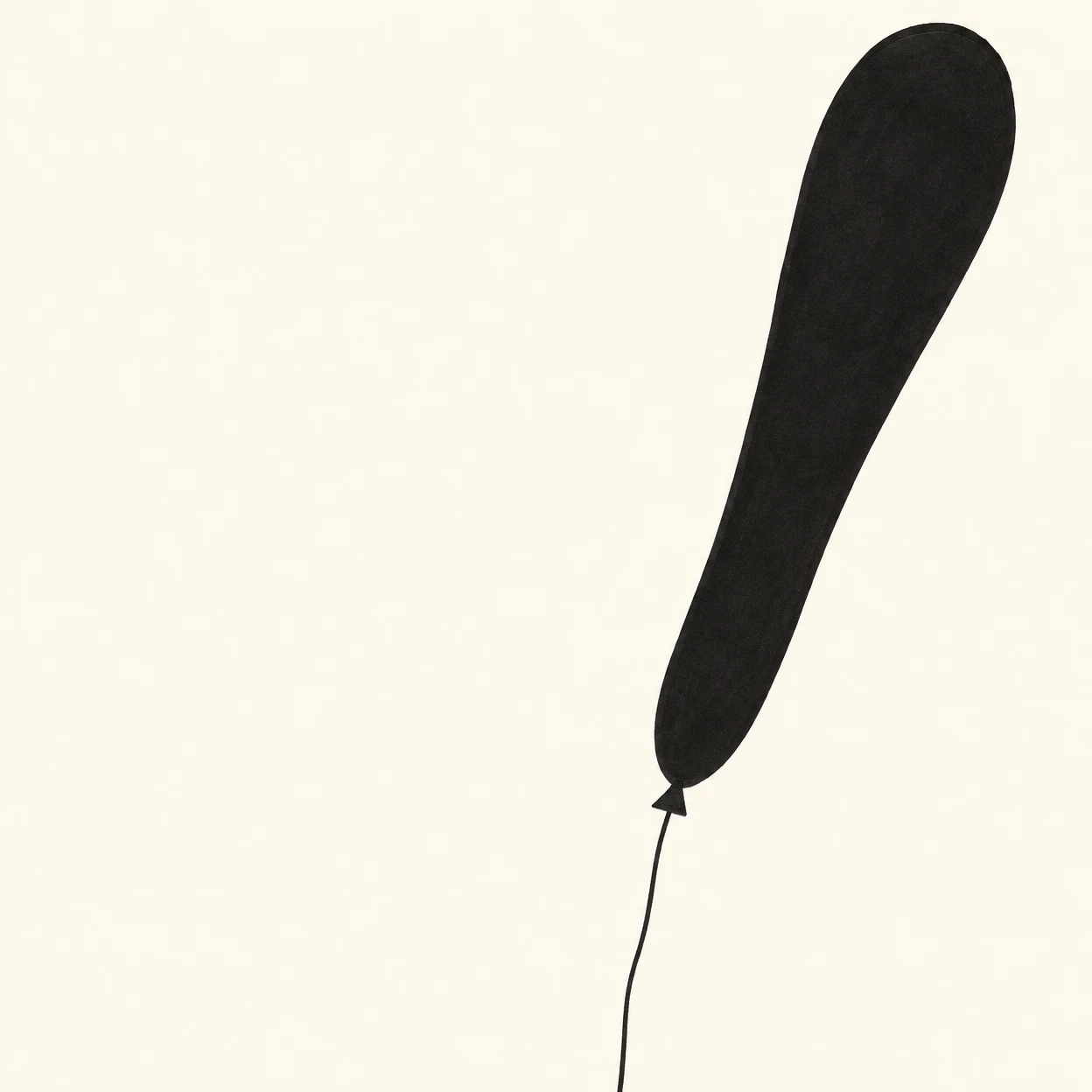 A large matte-black elongated balloon silhouette tilts diagonally upward to the right against warm ivory paper, with a small triangular knot and a thin string…