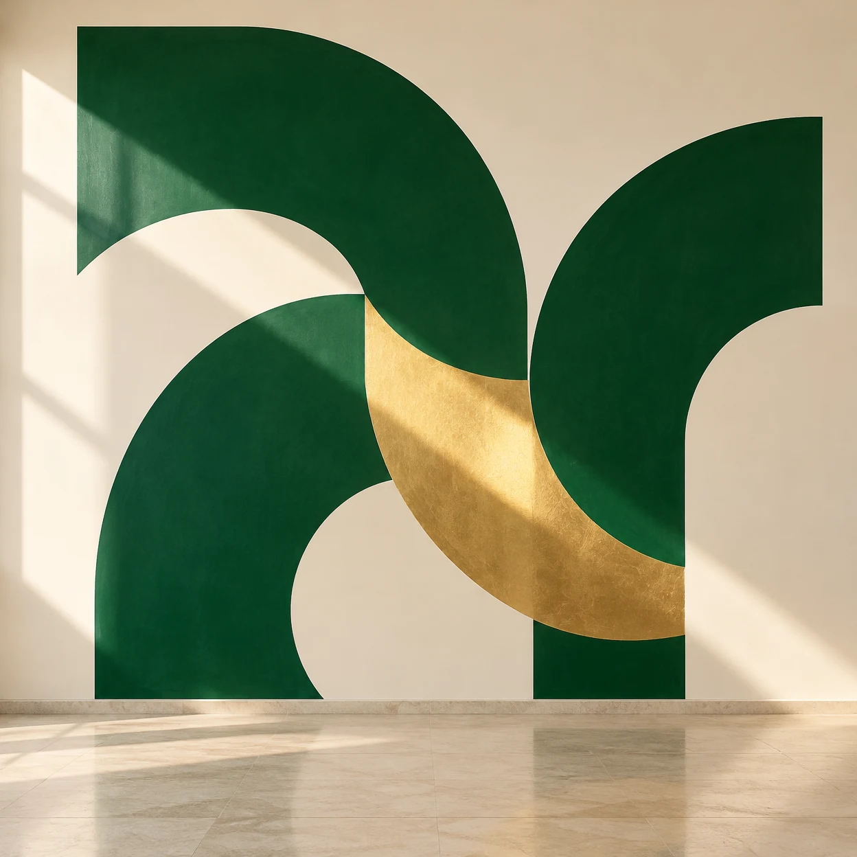 A large geometric mural of emerald-green curved forms and a brushed-gold band covers an ivory interior wall above a pale stone floor, crossed by diagonal…