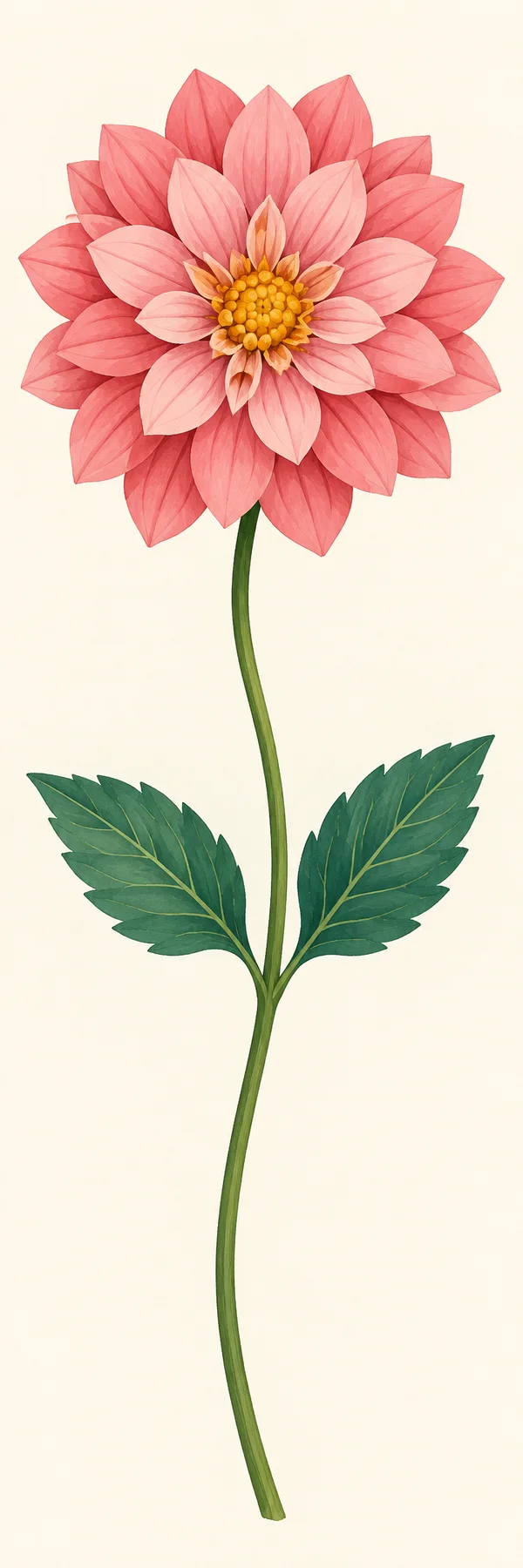 A face-on pink dahlia with layered coral and pale-pink petals and a golden center grows on a long curved green stem with one pair of opposite serrated…