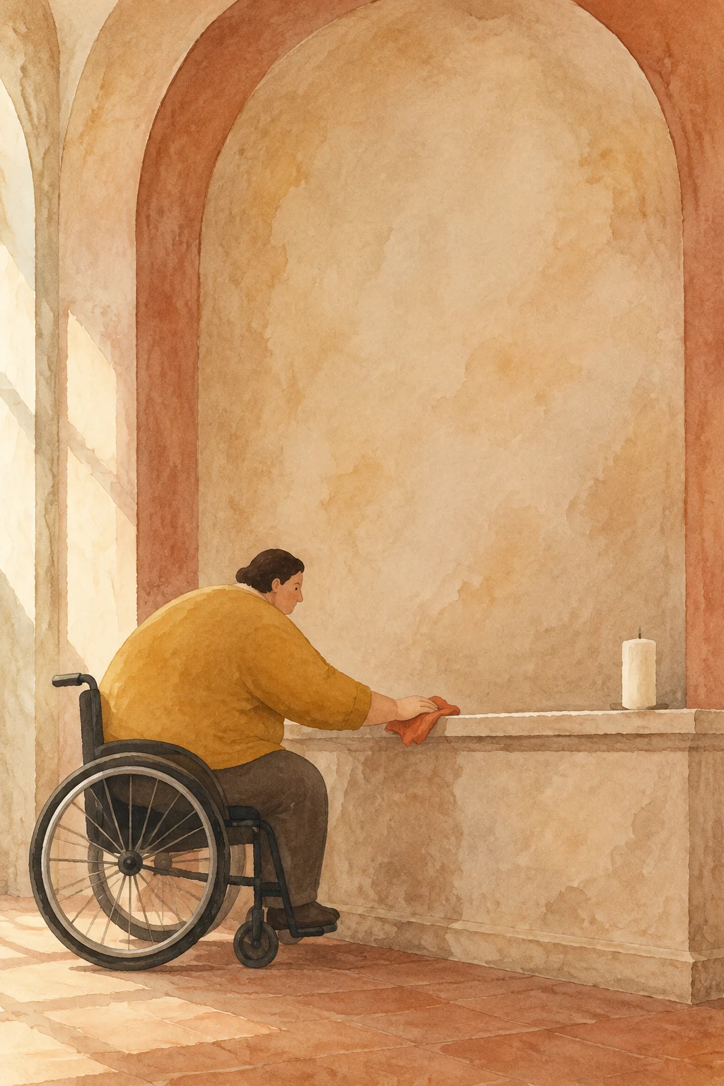 A person in a manual wheelchair wipes a low stone ledge with a coral cloth beneath a tall rounded sanctuary arch; an unlit ivory pillar candle rests at the far…