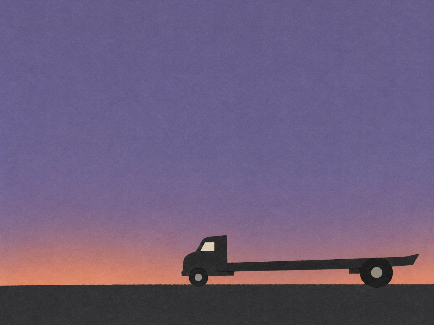 A black cut-paper flatbed truck faces left along a dark road beneath a textured violet sky that fades to a peach horizon.