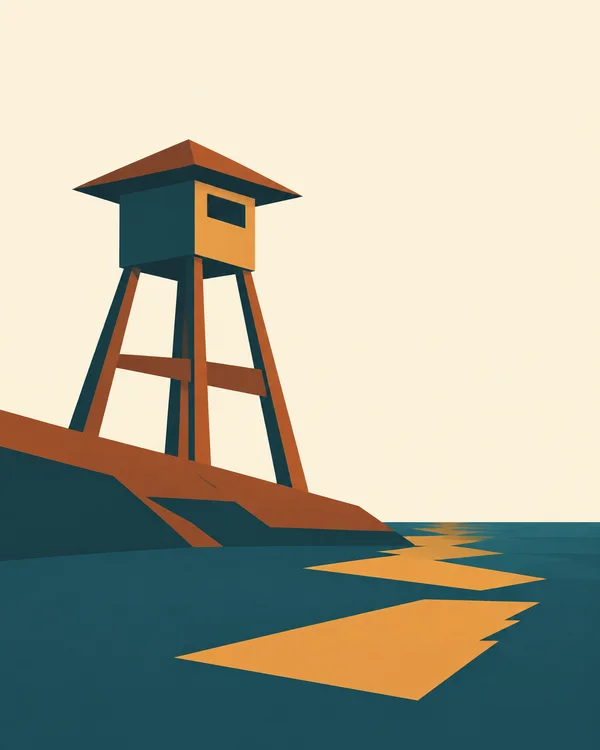 A timber watchtower with a broad rust-colored roof and amber cabin face stands on an angular shoreline above dark teal water, where golden reflections stretch…