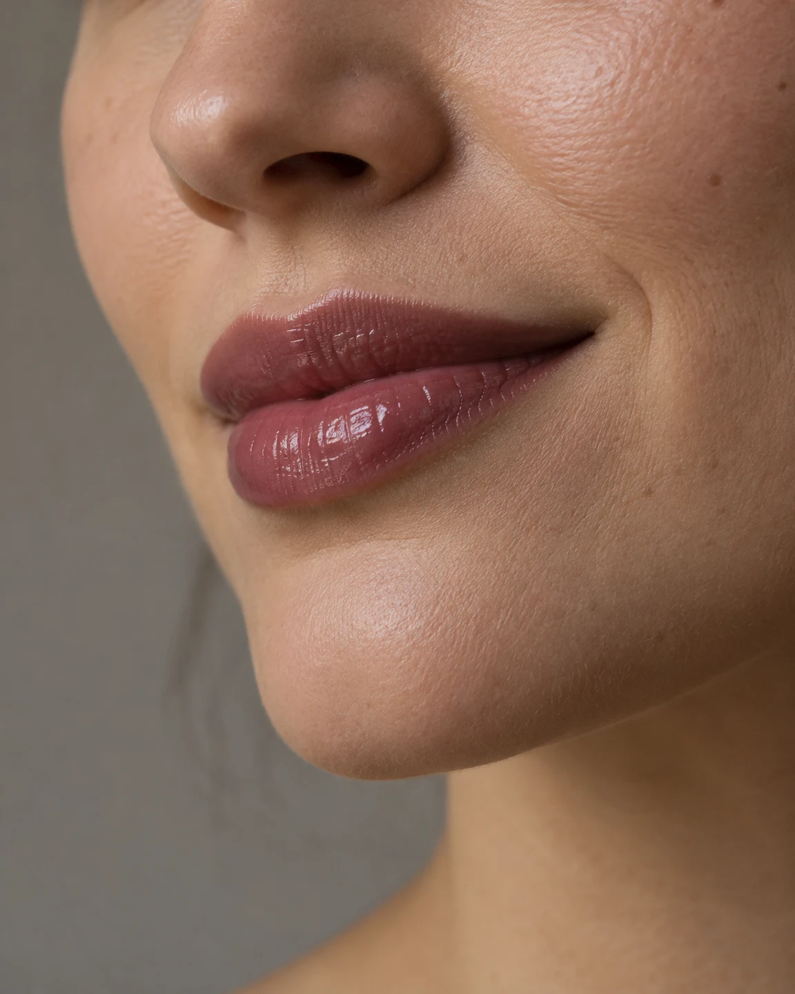 Tight oblique close-up of a model’s lower face, with glossy mauve-plum lips, a slight closed-mouth smile, visible skin texture, and a plain warm-grey…