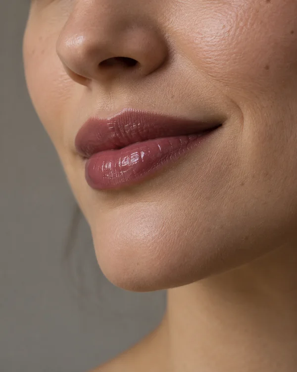 Tight oblique close-up of a model’s lower face, with glossy mauve-plum lips, a slight closed-mouth smile, visible skin texture, and a plain warm-grey…