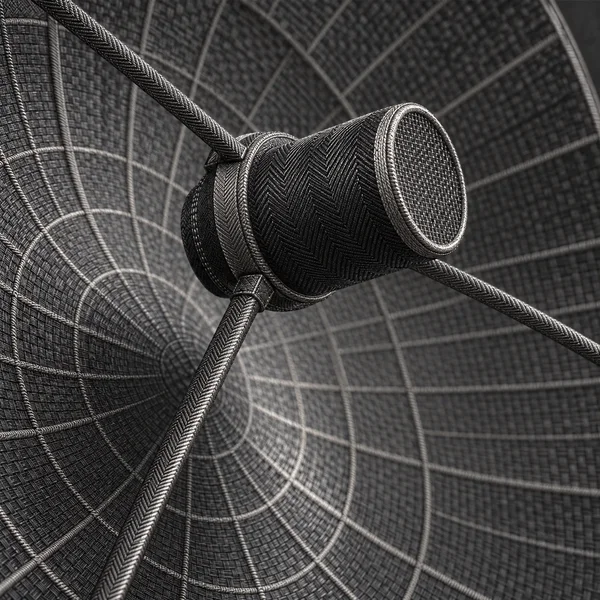 A close-up illustrated view of a concave parabolic antenna, rendered as dark charcoal and silver woven fabric, with a cylindrical feed horn and diagonal…