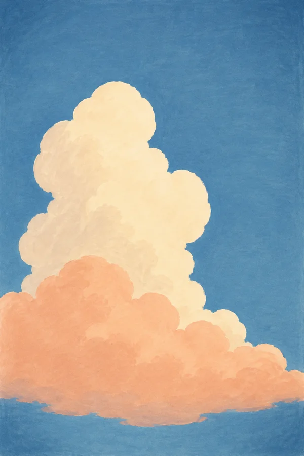 A tall warm-ivory cloud rises behind a wide peach cloud bank against a textured dusty-blue sky, in a portrait illustration.