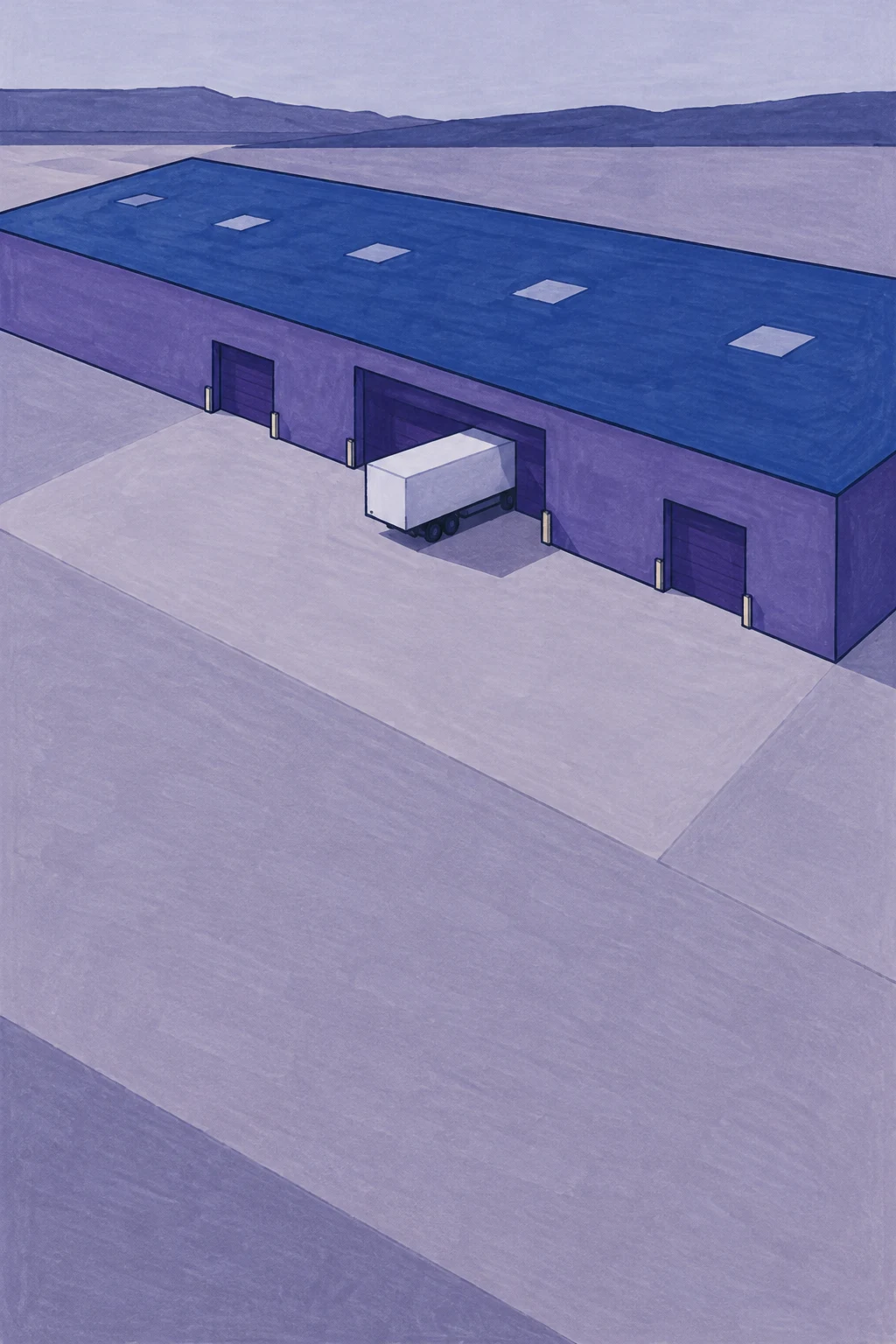 A long sapphire-roofed violet distribution warehouse viewed from above, with a white freight trailer backed into a large loading bay and a broad lavender yard…
