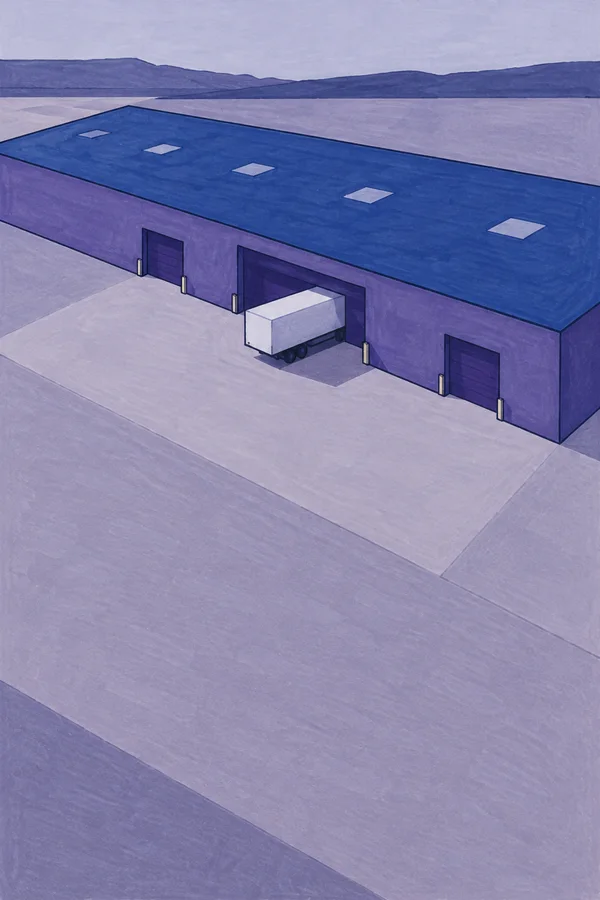 A long sapphire-roofed violet distribution warehouse viewed from above, with a white freight trailer backed into a large loading bay and a broad lavender yard…