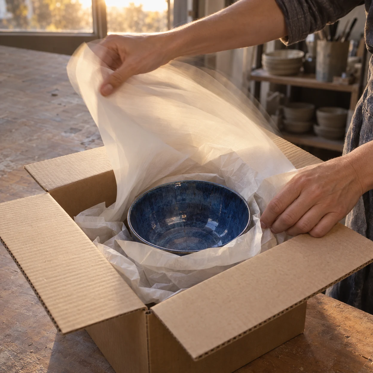 Two forearms wrap a glossy cobalt-blue bowl in translucent ivory tissue inside an open kraft carton on a workshop bench, with pottery shelves and a sunlit…