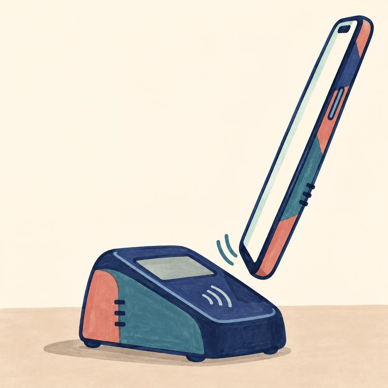 A long coral, indigo and teal smartphone leans toward a squat contactless payment terminal on a plain counter, with curved signal marks between them and…