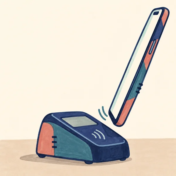 A long coral, indigo and teal smartphone leans toward a squat contactless payment terminal on a plain counter, with curved signal marks between them and…