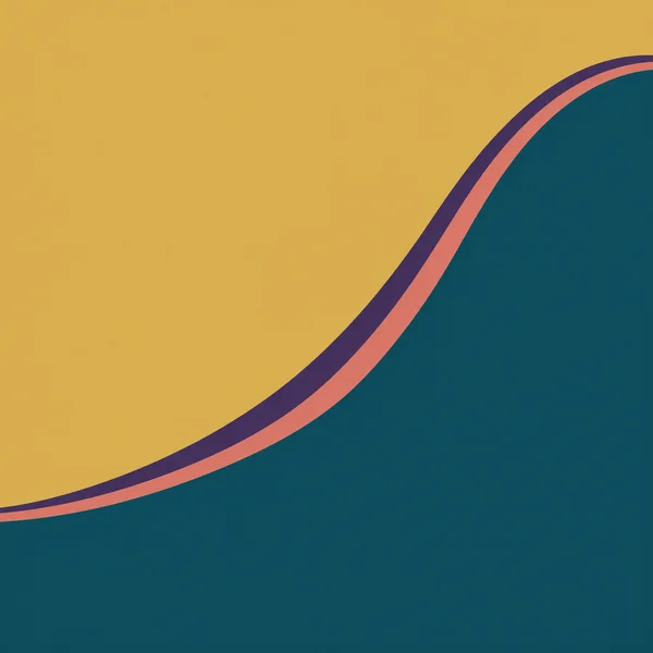 A large deep-teal curved mass fills the lower and right portions of a square abstract composition, edged by narrow dark-violet and muted-salmon bands against a…