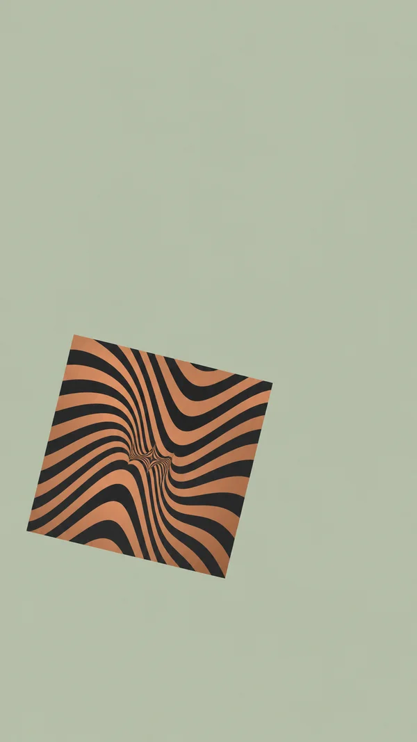 A tilted square graphic with flowing copper and charcoal bands converging into a compact central knot sits below center on a pale sage background.