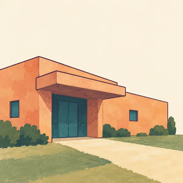A squat apricot building with a large recessed teal double doorway beneath a broad canopy, two small blue windows, shrubs, and a cream path across a grassy…