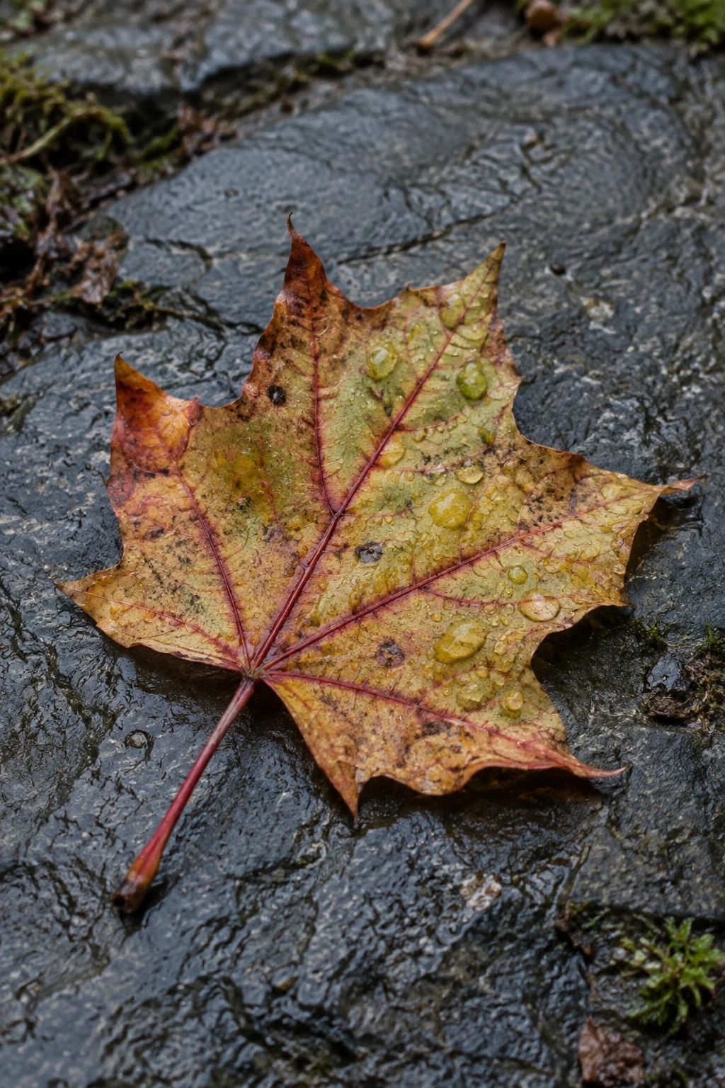 A large mottled yellow, ochre, and red maple leaf dotted with water droplets lies on dark wet slate, with moss and small bits of leaf litter near the frame…