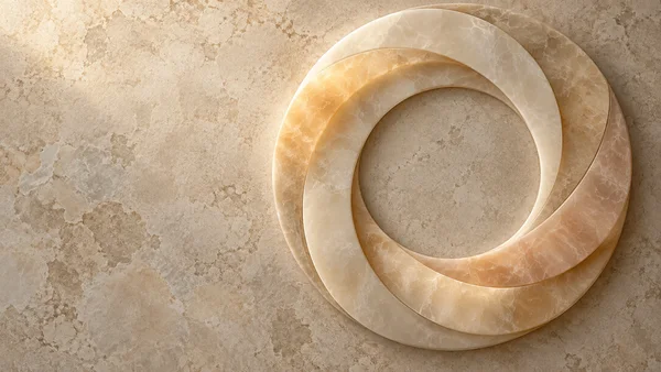 A large layered ivory and honey-toned circular stone relief with an empty center sits on a warm, heavily mottled limestone wall, leaving open space on the left.