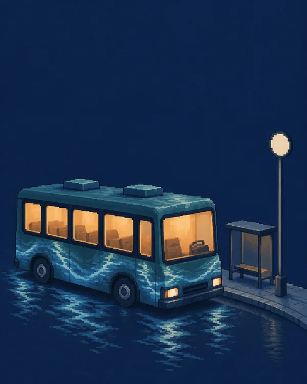 A squat teal bus with glowing amber windows sits at a curb beside an empty shelter and a tall pole with a blank circular plate.