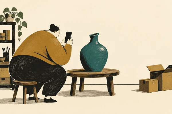 A seated person in an ochre top holds a dark smartphone upright toward a large teal vase on a round wooden table.