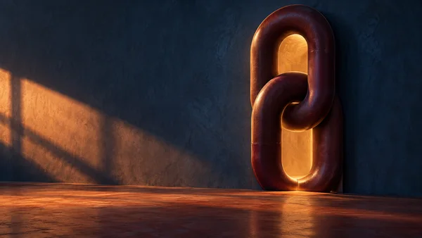 A monumental burgundy interlocking-loop sculpture stands against a textured midnight-blue wall, its openings glowing amber.