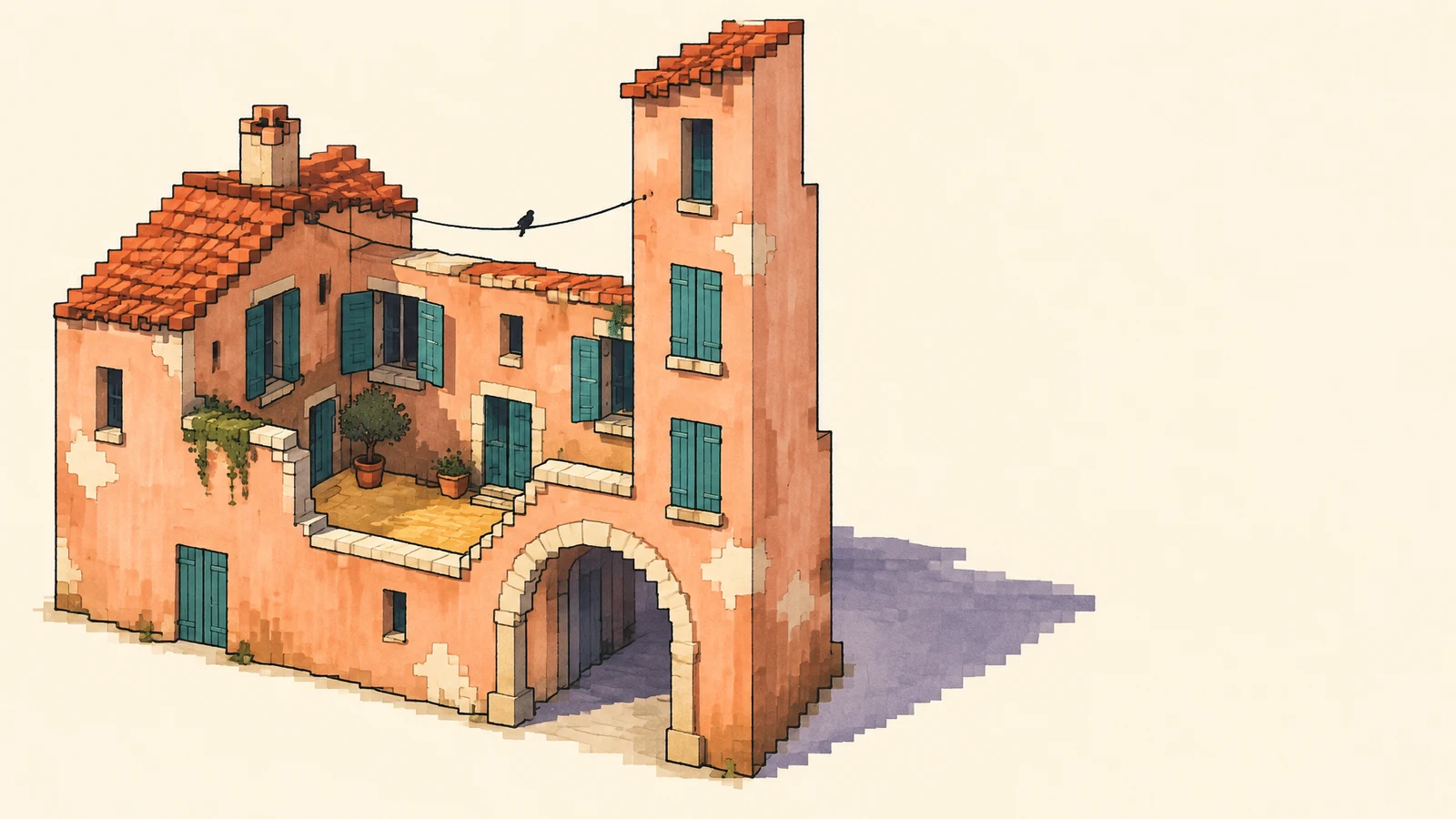 A peach-plaster courtyard apartment with a tall narrow wing, terracotta tiled roofs, teal shutters, a broad arched entrance, and a small bird perched on a wire.