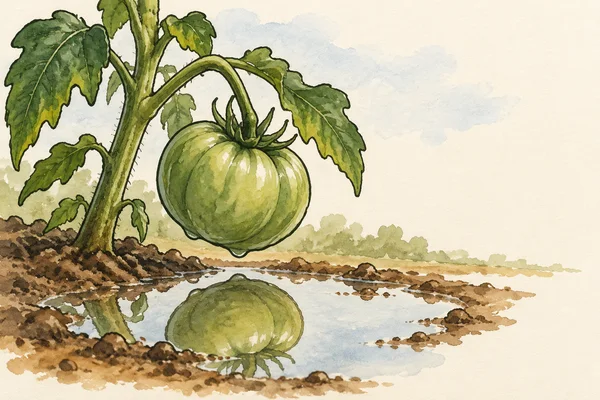 A large unripe green tomato hangs from a leafy plant above a shallow puddle, with its reflection visible in the water.