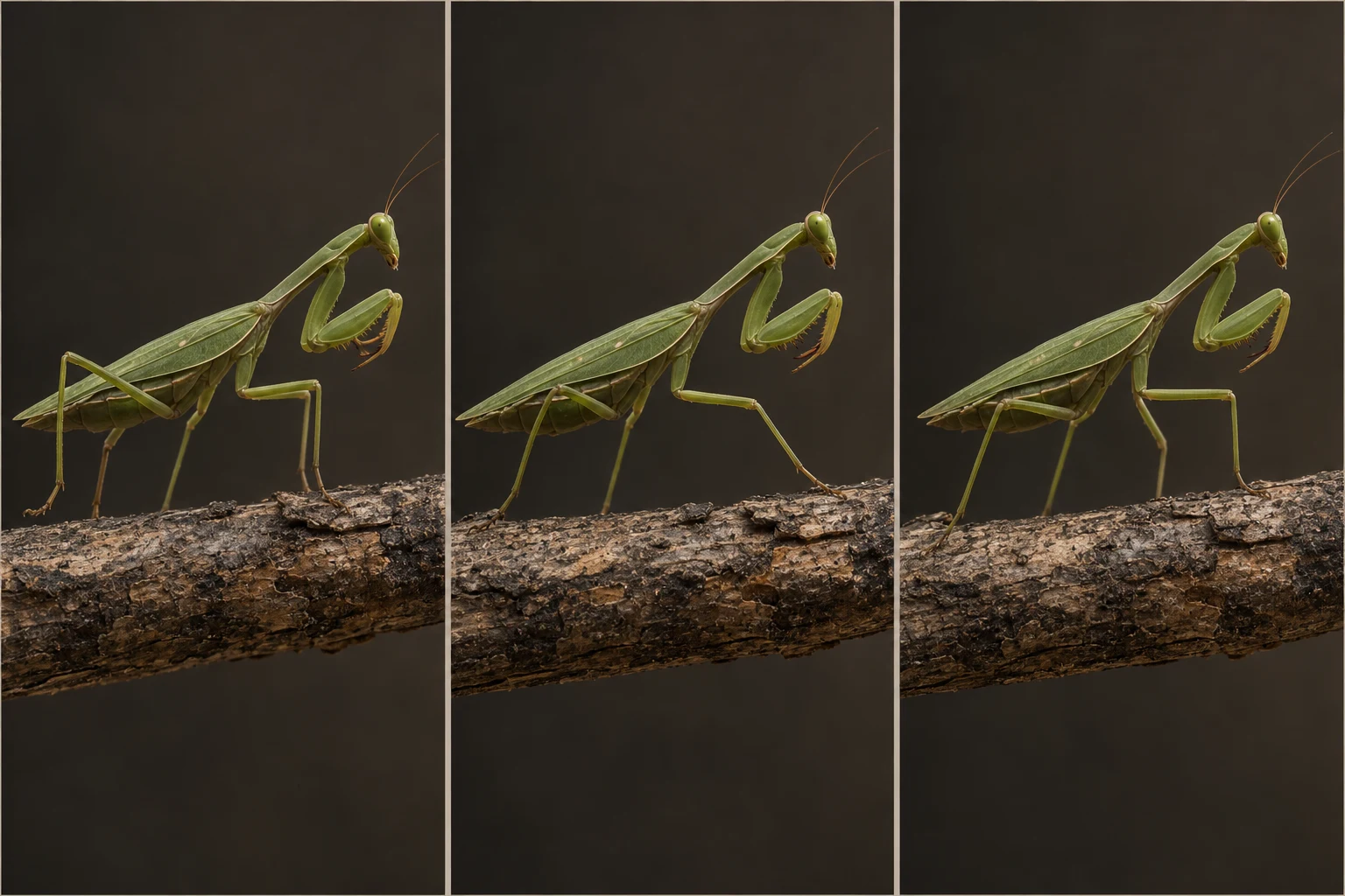 A green mantis is shown in three side-profile panels stepping across a rough, dark twig, with its walking leg lifted, extended, and then gripping the bark.