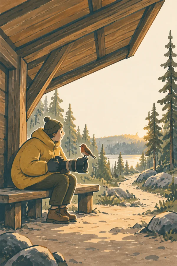 A photographer in a mustard jacket sits on a wooden bench beneath a large timber shelter, looking at a small rust-red bird perched on the camera lens.