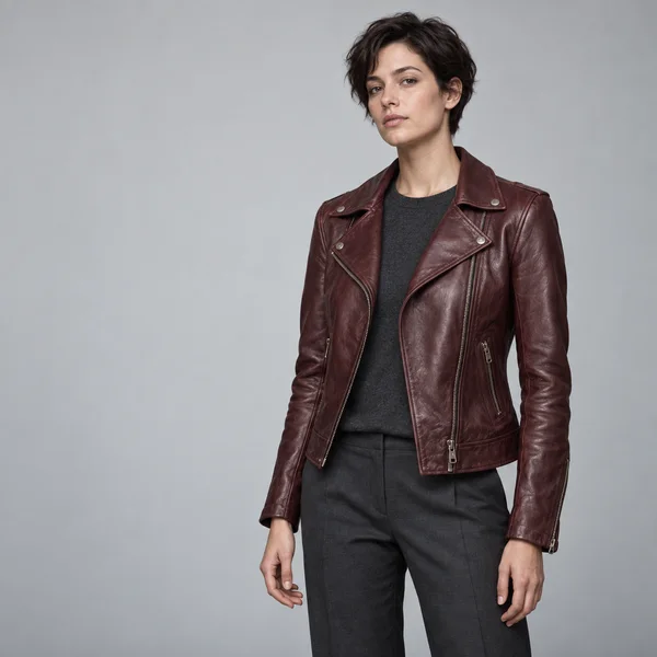 A short-haired model stands against a pale grey studio backdrop, wearing a burgundy leather motorcycle jacket over a charcoal crewneck and tailored trousers…