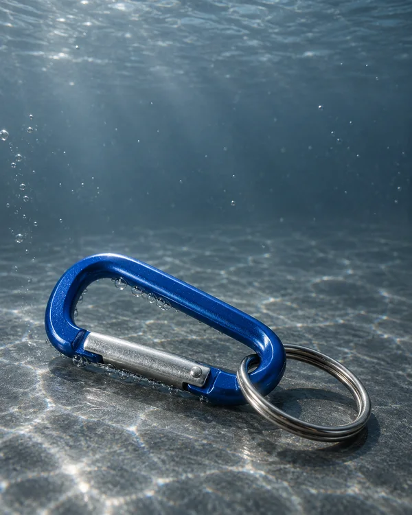 A cobalt-blue D-shaped carabiner with a silver spring gate and stainless-steel split ring rests diagonally on a rippled underwater floor, with bubbles clinging…