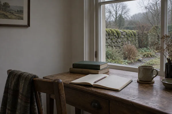 A worn wooden desk stands beside a tall window overlooking a damp garden and moss-covered stone wall.