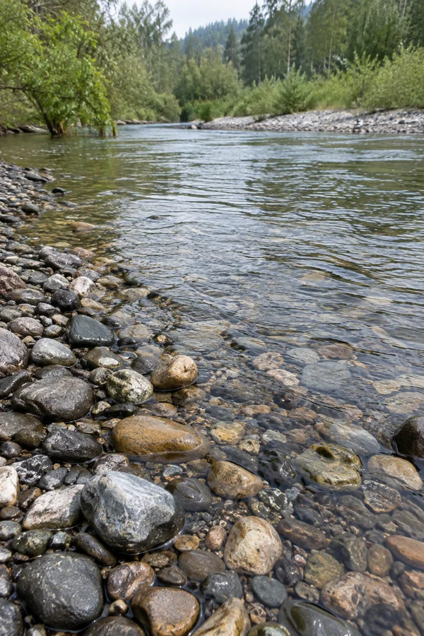A shallow river ripples across a bed of rounded grey, ochre and cream pebbles, with a tree-lined bank in the distance.