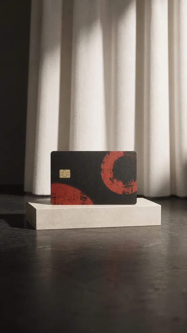A charcoal bank card with a brass chip and distressed vermilion circular and curved shapes stands on an ivory display block before softly folded white curtains.