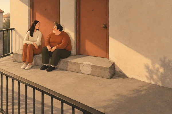 Two neighbours sit facing each other on a broad concrete step outside adjacent terracotta doors on a sunlit apartment balcony.