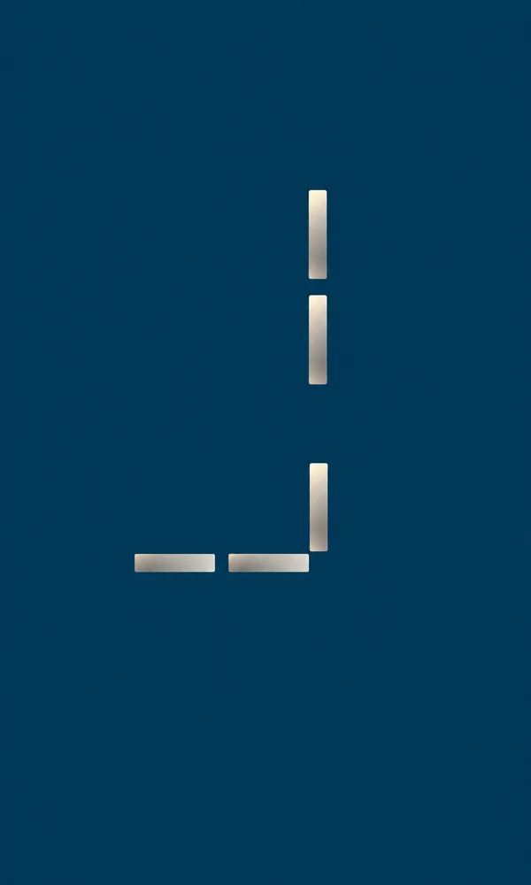 Five slim silver bars sit on a deep blue portrait background: two horizontal bars near the lower middle connect to a vertical run of three bars rising above…