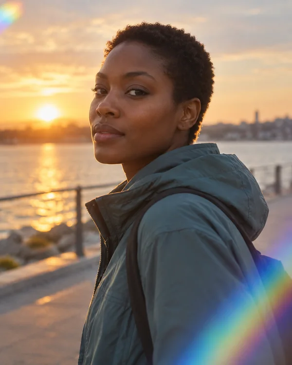 A woman in a teal jacket looks toward the camera on a waterfront promenade at sunset, with softly blurred water and shoreline behind her and a colorful…