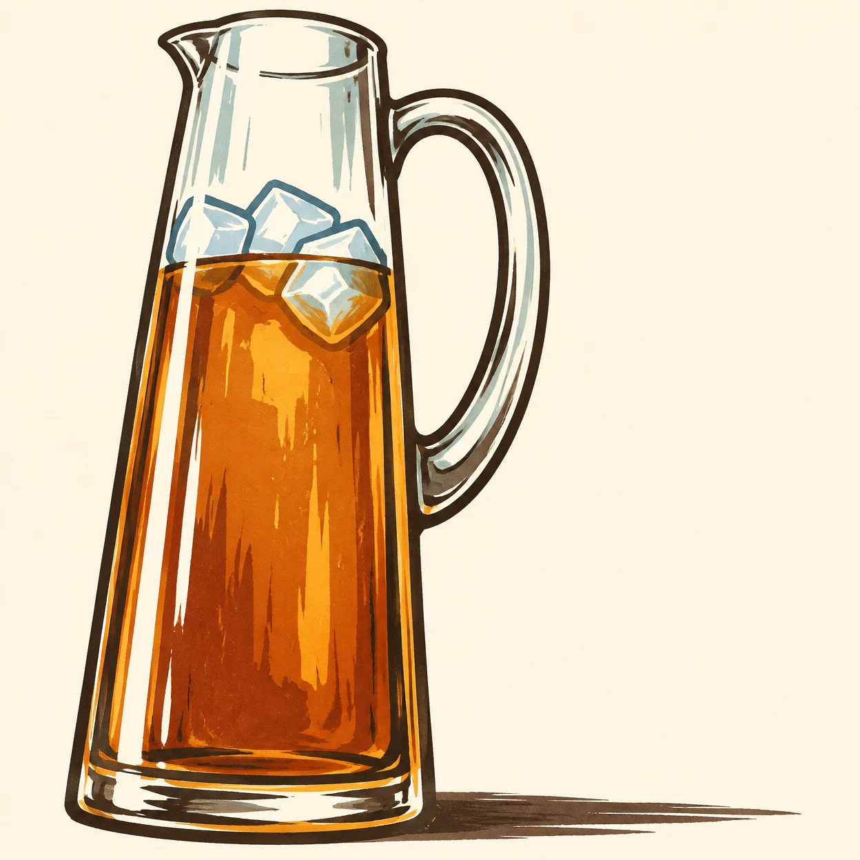 A very tall transparent pitcher filled with amber tea and three pale-blue ice blocks stands against a warm cream background.
