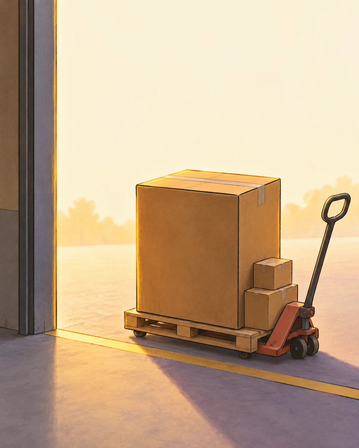 A coral pallet jack carries a wooden pallet with one very large ochre carton and two smaller taped cartons through an open warehouse doorway, with warm light…