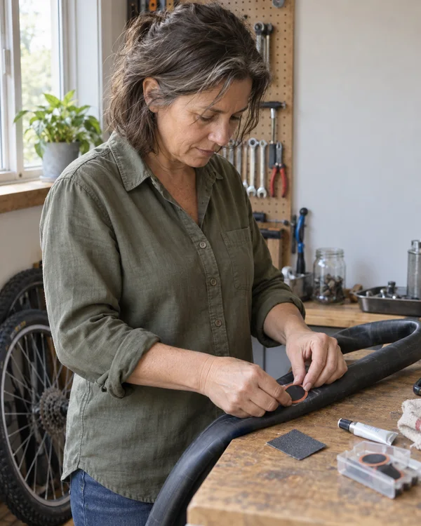 A woman in an olive shirt presses an orange-edged repair patch onto a bicycle inner tube at a wooden workbench.