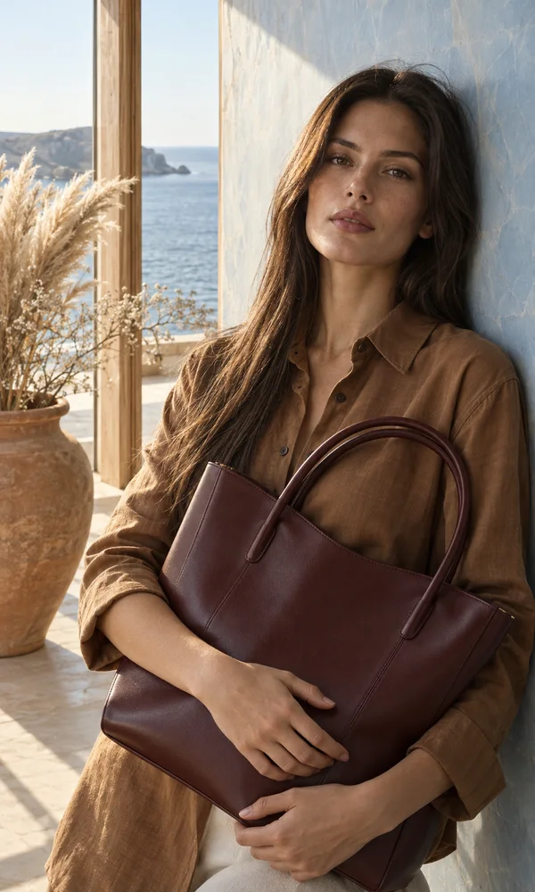 A woman with long dark-brown hair holds a large burgundy leather tote while leaning against a pale-blue veined wall in a sunlit seaside room.