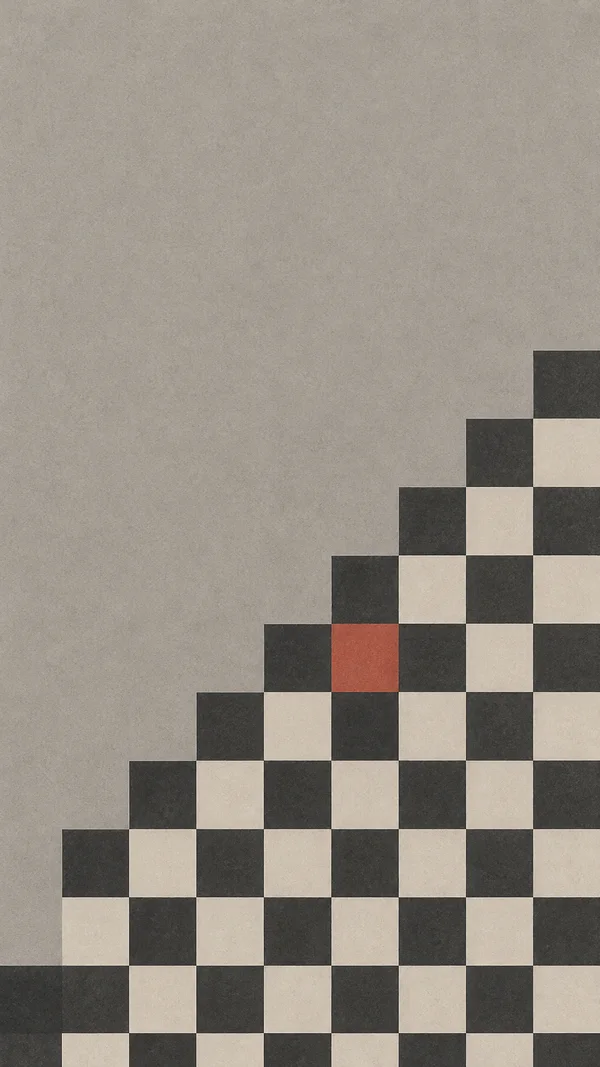 A charcoal-and-chalk checkerboard rises in stepped rows across the lower-right of a textured warm-grey surface, with one muted vermilion square near its…