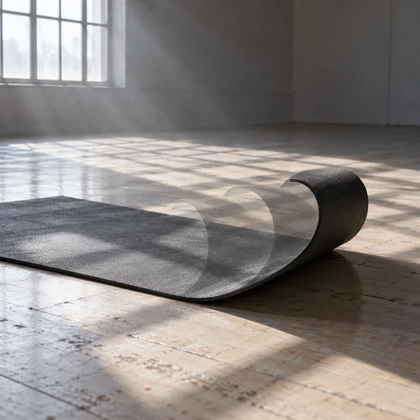 A charcoal exercise mat lies diagonally across a worn timber floor in an empty studio, its edge curling upward with two faint ghosted curls behind it.
