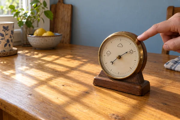 A hand taps the brass casing of a round aneroid barometer on a wooden stand atop a honey-coloured kitchen table.