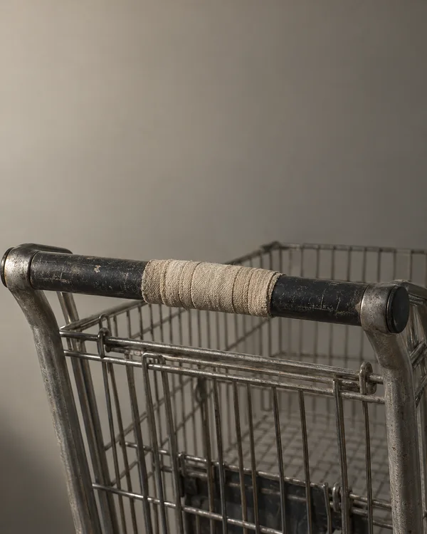 A worn steel shopping cart is photographed against a muted gray-beige backdrop, with a coarse light-colored fabric strip wrapped around the center of its dark…