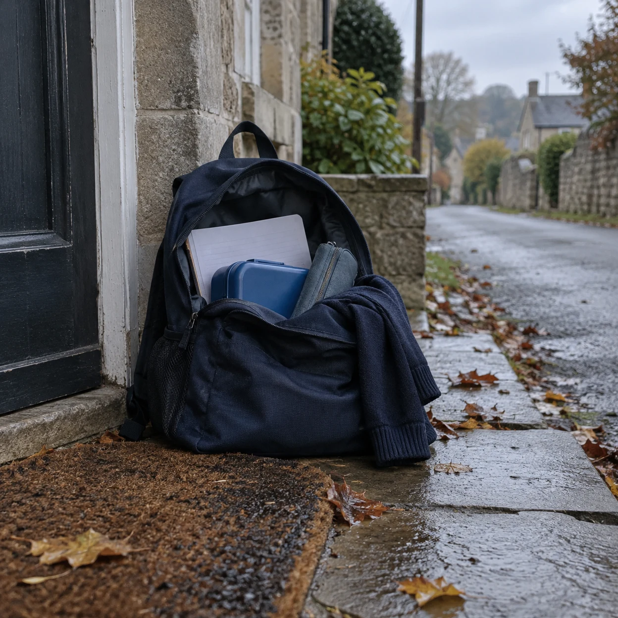 An open navy canvas backpack rests on a damp stone doorstep beside a worn doormat and fallen leaves.