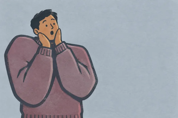 A surprised person with short dark hair and a mauve sweater holds both hands to their cheeks, positioned on the left against a pale slate-blue textured…