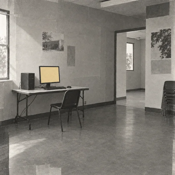 A grainy grayscale photocollage depicts a mostly empty room with a desktop computer, keyboard and mouse on a folding table, one chair in front, and a stack of…